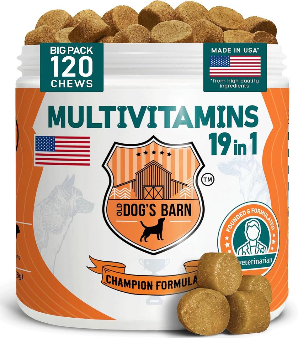 Old Dog's Barn Multivitamins 19 in 1 for Dogs Glucosamine, Salmon Oil, Cranberry Powder, Hemp Seed Oil (Omega 6), MSM, Chondroitin, Vitamin C, Probiotics, Zinc & Folic Acid 120 Soft Chews Exp:O2-2027