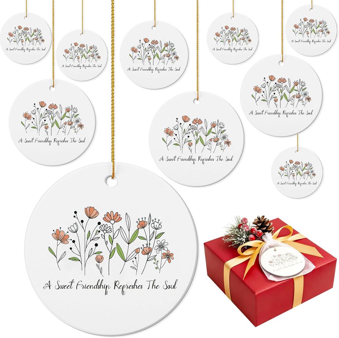12 Set Christmas Friend Ornaments Friendship Gifts Bulk for Women Friendsmas Party Favors Ceramic Two Sided Hanging Decorations with Sheer Organza Bags for Women Female Sister Sisterhood