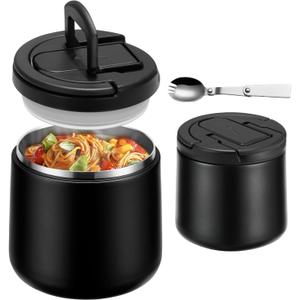 20oz Insulated Vacuum Food Jar with Buckle Lid,Soup Thermo for Hot Food Kids,Wide Mouth Leakproof Stainless Steel Lunch Container with Spoon-Black