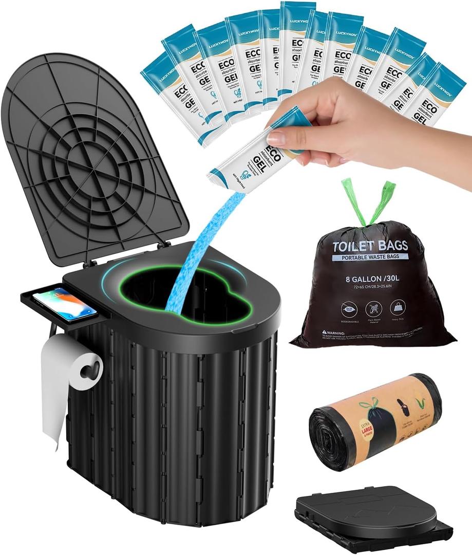 Portable Toilet with Urine Gel & Leak-Proof Bags  Odorless Camping Toilet for Adults & Kids, Outdoor Travel Potty with Ergonomic Design