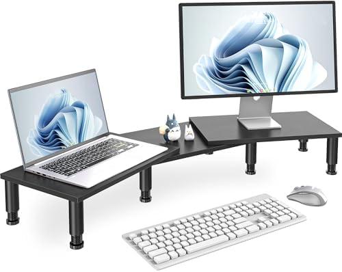 AX Waber Dual Monitor Riser, Adjustable Height Steel Leg Wooden Stand with Storage Space - Black