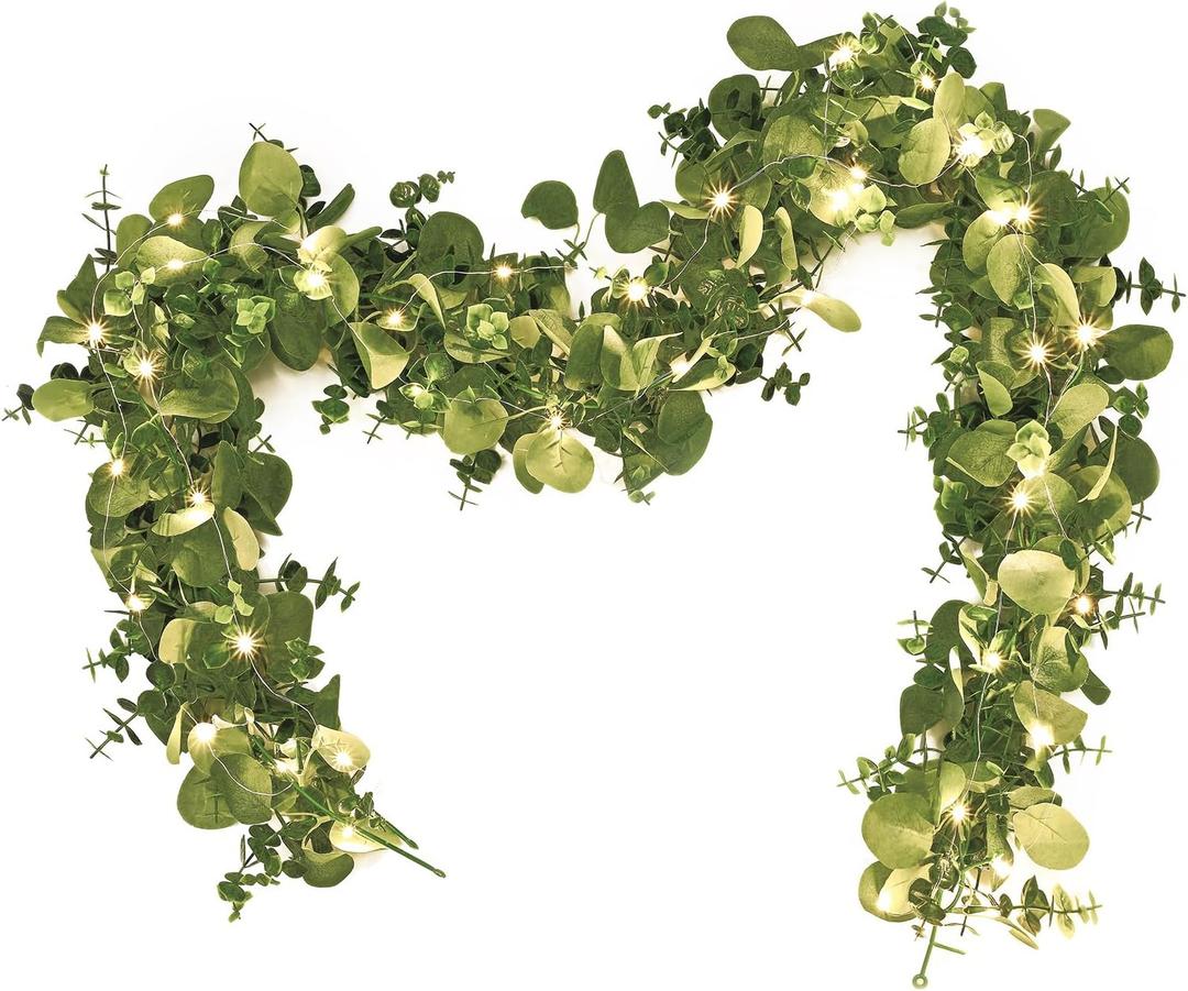 Dolicer 2 Packs 6FT Artificial Eucalyptus Garland with LED Light String, Faux Greenery Garland Hanging Fake Silver Dollar Eucalyptus Leaves Vines for Wedding Backdrop Arch Table Wall Party Home Decor