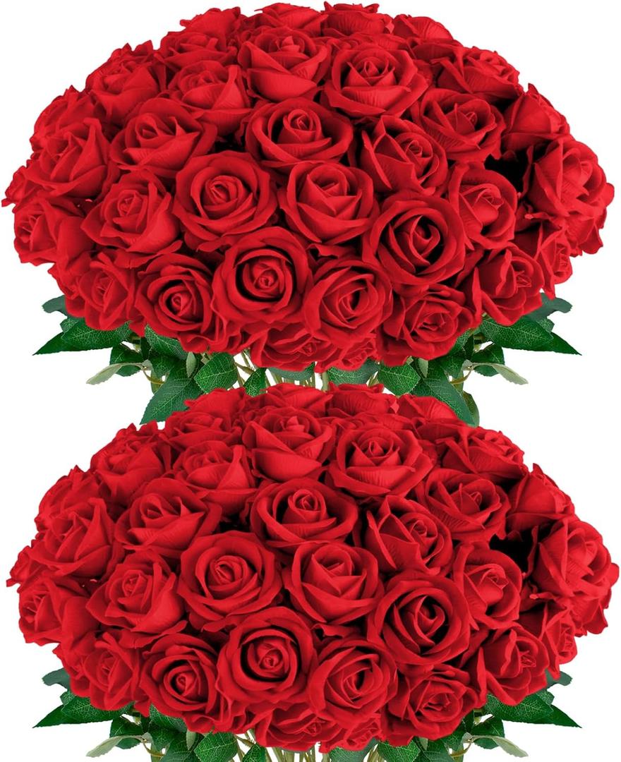 Red Roses Artificial Flowers 50 Pack in Bulk, Fake Roses Flowers Realistic Roses for Wedding Home Party Decoration Event Gift (Red)