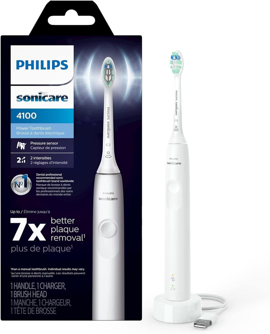 Philips Sonicare 4100 Rechargeable Electric Toothbrush, with Pressure Sensor, 2 Intensity Settings, SmarTimer and QuadPacer, 14-Day Battery Life, White, Model HX3681/23 (1 Count (Pack of 1), White)