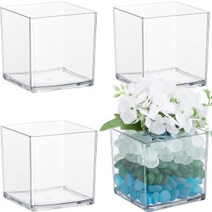 Suream Clear Acrylic Flower Vase Cube, 4"x4"x4" Clear Vases for Centerpieces, Plastic Cubes for Wedding, Birthday, Holiday & Home Decoration, Set of 4