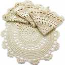 kilofly Handmade Crochet Round Cotton Lace Table Placemats Doilies Value Pack [Set of 4], Medallion, 13 x 13 inch, Beige