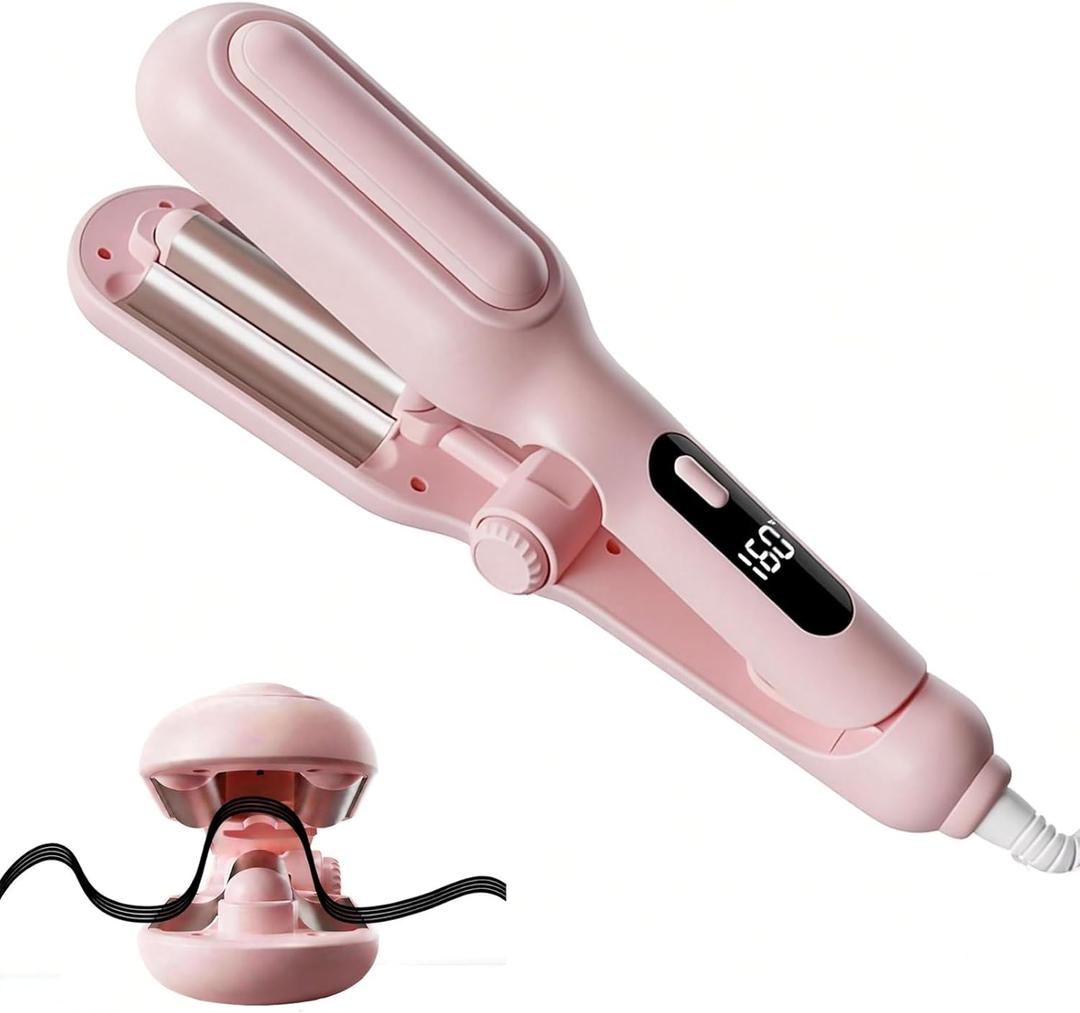 Curling Iron Hair Crimper Waver - Adjuatabel Beach Waves Curling Wand, Ionic Deep Waver Hair Curler Tool with Ceramic 3 Barrel Adjuatabel 1 Inch to 1.25inch, 3 Temps Dual Voltage, Anti-Scald, Pink