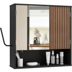 Bathroom Wall Cabinet With Mirror,wall mounted bathroom cabinet,Medicine Cabinet with 2 Door ,Side Hook,Light and Adjustable Shelves,Black Cabinet with Wood Grain,Over The Toilet Space Saver Cabinet.