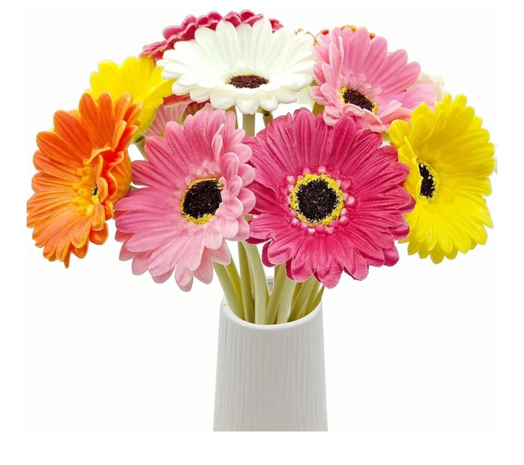 15 Pcs Artificial Gerbera Daisies Flowers Fake Daisy Real Touch PU Faux Flowers Bouquet for Indoor Home Arrangements Vase Wedding Party Table Centerpiece DIY Floral Decor