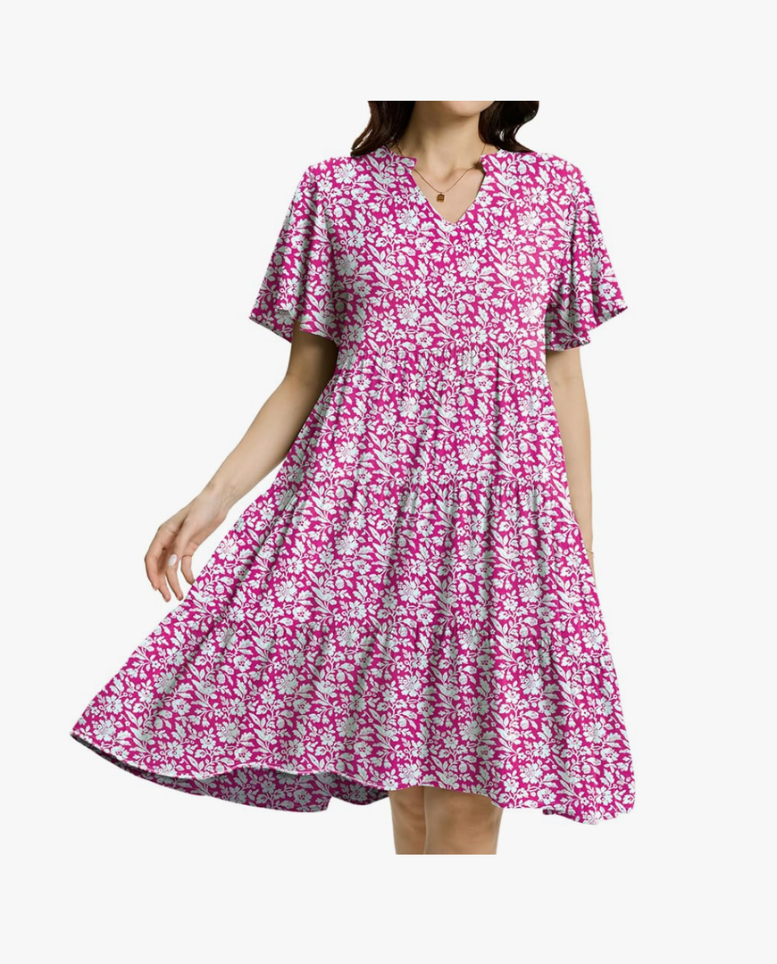 Womens Casual Tiered Swing Midi Dress Ruffle Sleeve V Neck A Line Petite Summer Dresses with Pockets, Medium