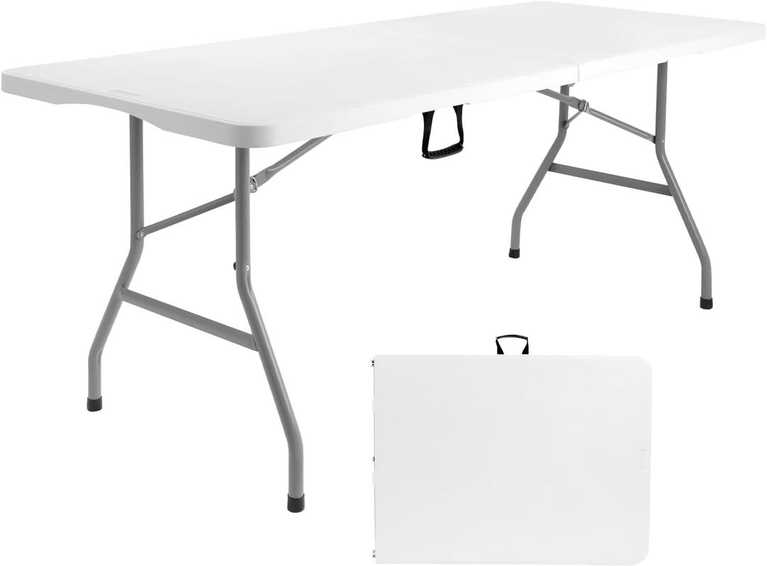 Byliable Folding Table 6ft, Heavy Duty Portable Plastic Fold-in-Half Utility Table with Carrying Handle for Indoor Outdoor, Camping Picnic Party, White