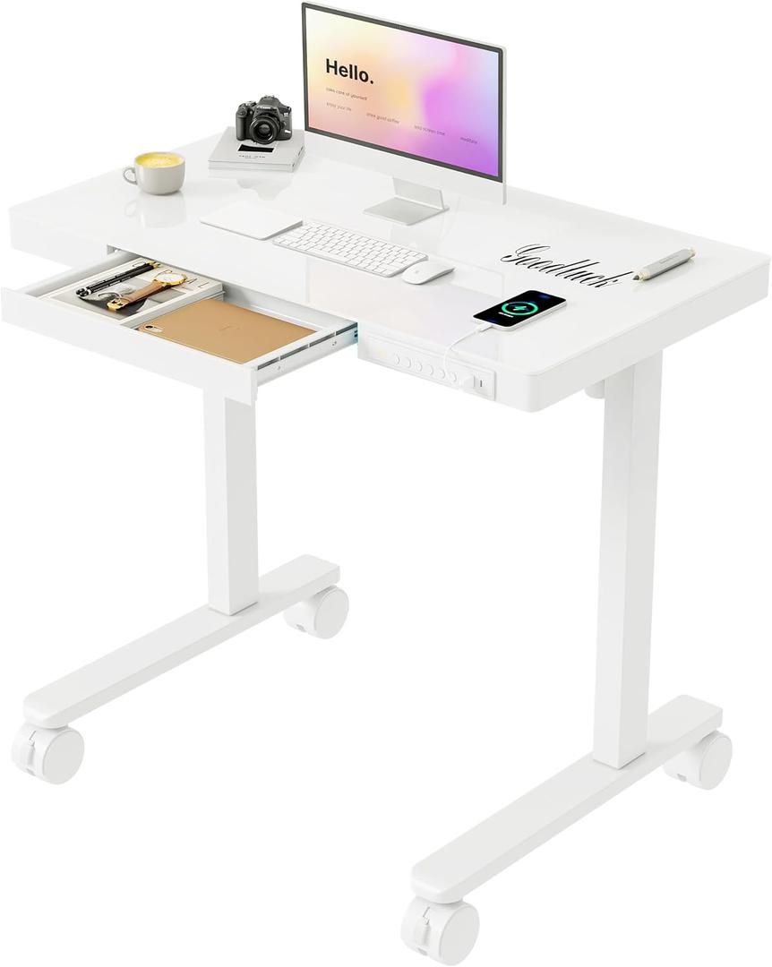 Monomi 35" Glass Standing Desk with Drawer and USB Ports, Electric Height Adjustable Desk for Home Office, White Sit Stand Table with Storage, Easy Assembly Computer Desk for Small Spaces