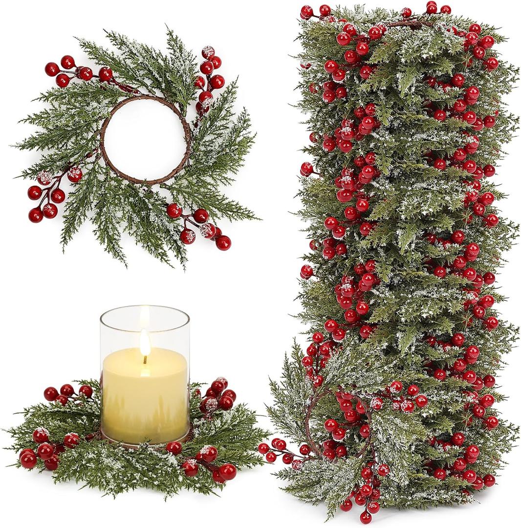 24 Pcs Candle Rings Bulk, 3.7 Inch Xmas Artificial Candle Rings Wreath Cedar Berries Snowy Pine Needles, Pillar Ring Holder for Table Centerpiece Winter Home Party Kitchen Window