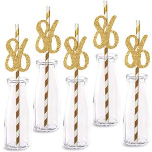 86th Birthday Paper Straw Decor, 24-Pack Real Gold Glitter Cut-Out Numbers Happy 86 Years Party Decorative Straws