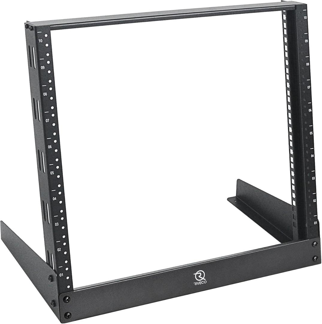 RIVECO 10U Desktop Rack for Audio & Network Devices 19 Inch 2 Post Open Frame Shelf with Reinforced Beam, Free Standing Racks for IT Server Sound AV Music Recording Equipment