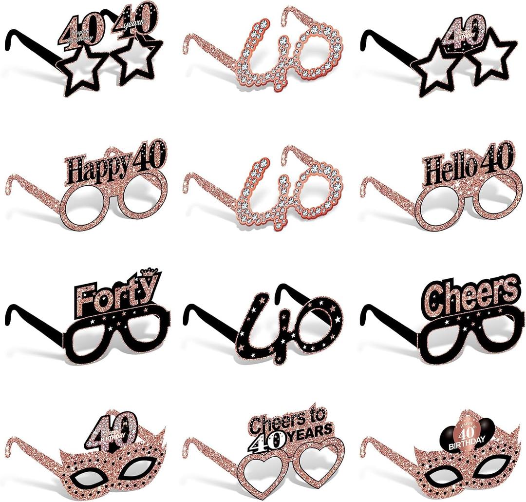 Zirtorei 24pcs 40th Birthday Paper Eyeglasses Decorations for Women, Rose Gold Happy 40th Birthday Eyeglasses Party Supplies, Cheers to 40 Years Bday Glasses Hello Forty Photo Booth Props Decor
