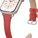 Slim Leather Band Compatible for Apple Watch 38mm 40mm 41mm 42mm Series 10, Slim Thin Elegant Top Grain Genuine Leather Strap Compatible for iWatch Series 10 9 8 7 6 5 4 3 2 1 SE Women (Red)