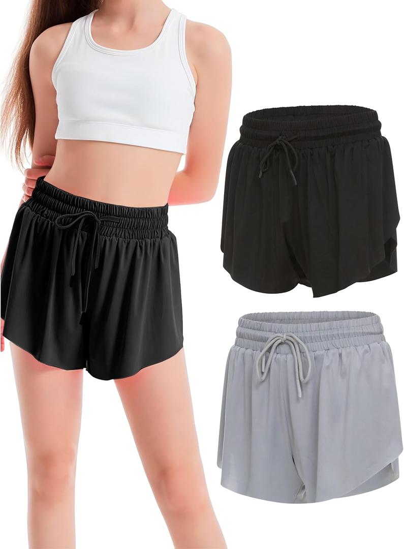 Ultra Performance Girl's Butterfly Short's 2 Pack Girls Athletic Short Basketball Soccer Flowy Active Shorts for Girls (Black / Grey, XS)