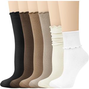 Justay 6 Pairs Ruffle Socks Soft Cute Frilly Turn-Cuff Long Casual Slouch Cotton Crew Socks for Women Gifts (One Size, Black White Beige Red Brown Coffee Light Khaki)