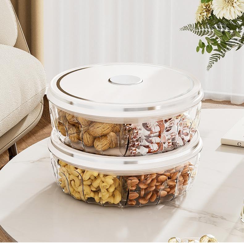 2 Pack Divided Serving Tray with Push-on Lid, 5 Compartments Round Plastic Food Storage Organizer, Snack Tray for Portable Snack Platters, Clear Organizer for Candy, Fruits, Nuts