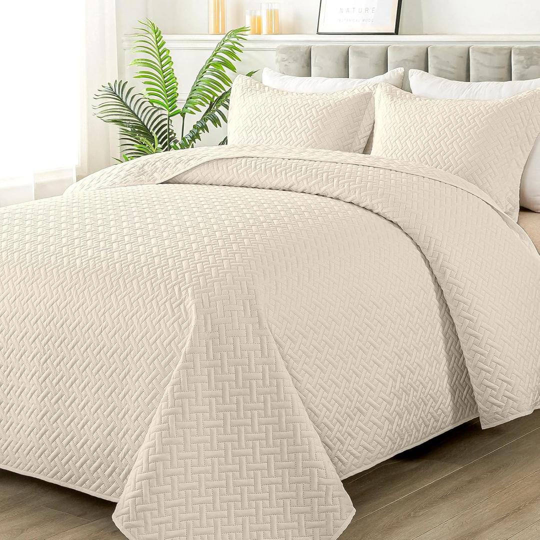 HYLEORY Quilt Set King Size - Soft Lightweight Quilts Summer Quilted Bedspreads - Reversible Coverlet Bedding Set for All Season 3 Piece (1 Quilt 106"x96", 2 Pillow Shams 20"x36") - Beige