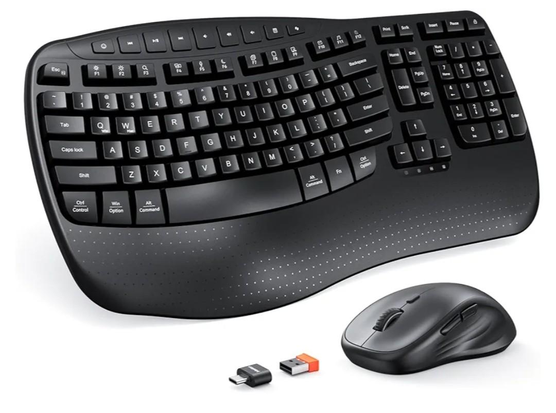 MEETION Ergonomic Keyboard and Mouse Wireless Combo, Wave Keys Natural Typing, 2.4G USB Receiver Wireless Keyboard with Wrist Rest, 4 Adjustable DPI Optical Mouse, Computer/Laptop/Windows/Mac, Black