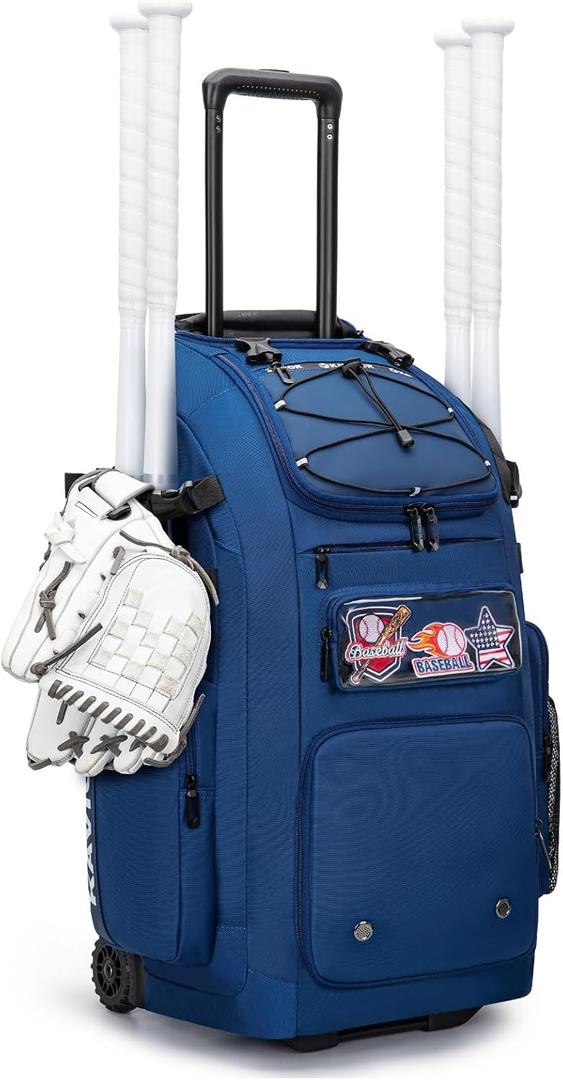 KAVIGOR 80L Rolling Baseball & Softball Bag for Youth & Adult, Holds 3 Gloves & 4 Bats, Custom Team Panel, Travel Ball Ready, Blue 