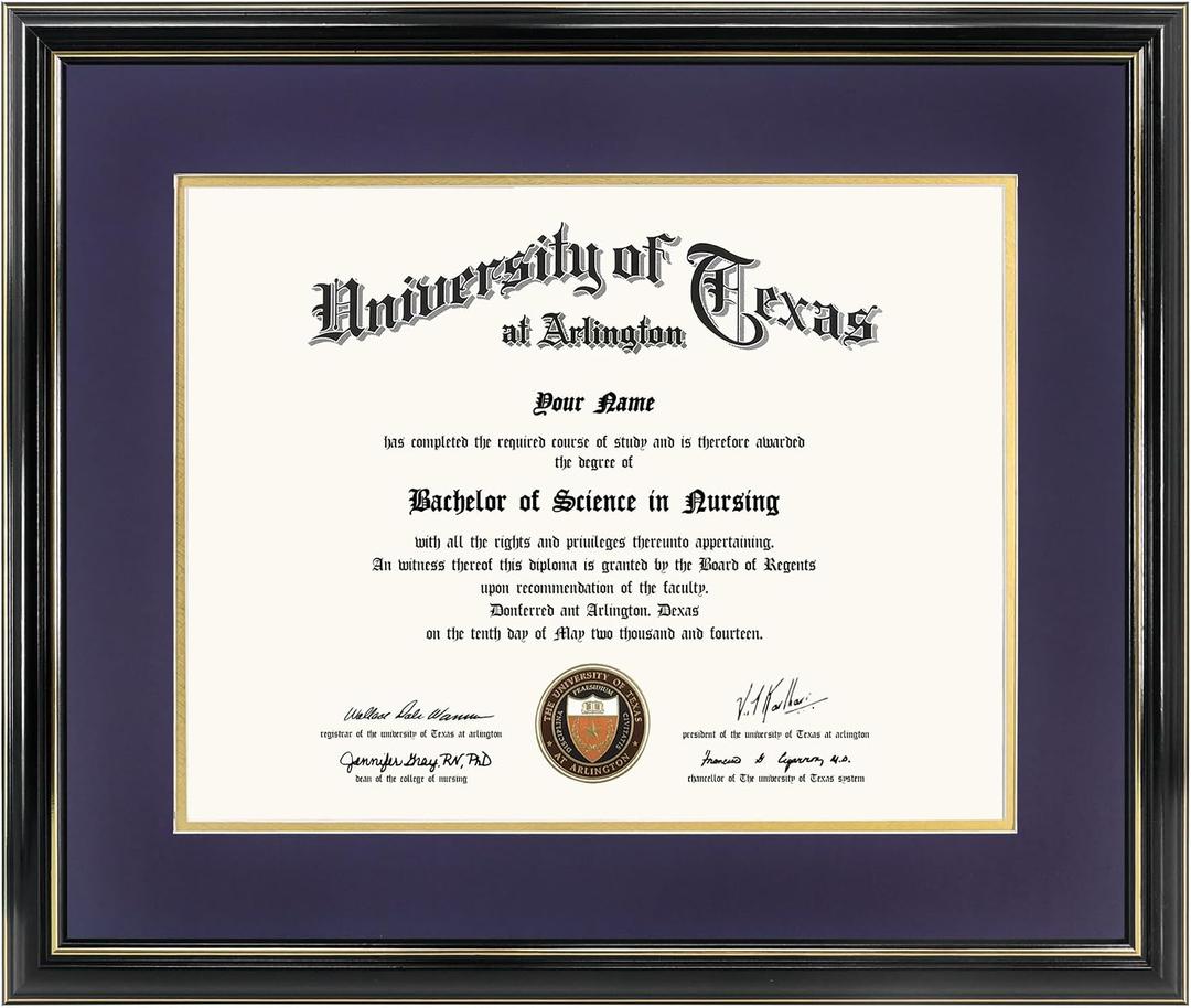 GraduationMall 11x14 Diploma Frame with Purple over Gold Mat or Display 15x18 Certificate without Mat,Solid Wood & Tempered Glass,Glossy Black Finish with Gold Trim