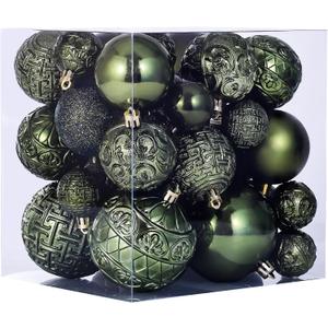 46 Pcs Christmas Ball Ornaments Dark Green Christmas Tree Ornaments Set with Velvet Christmas Bows, Vintage Shatterproof Xmas Decorations with Hanging Hooks for Holiday in 3 Sizes (Small Medium Large)