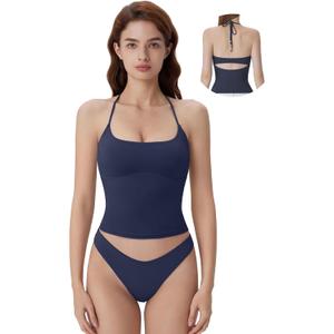 SUUKSESS Halter Tops for Women Tank Tops with Built in Bras Double Lined Open Back Y2K Going Out Camisole (Blue, S)