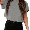 Tankaneo Women Short Sleeve Cropped T-Shirts Crew Neck Loose Crop Tops Summer Casual Drop Shoulder Basic Tees (Small)