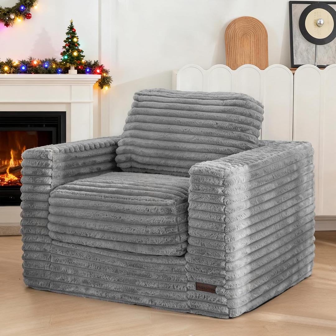 MAXYOYO Giant Bean Bag Chair for Adults, Upholstered Floor Sofa with Pillows and Armrests, Large Bean Bag Sofa Plush Chair Bean Bag Couch for Bedroom Living Room, Grey (Single)