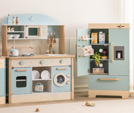 ROBOTIME Wooden Play Kitchen, Toddler Kitchen Playset with Fridge & Kids Kitchen, Playset Gift for 3+ Year Old Boys & Girls (Toy Kitchen Sets)
