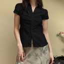 Women's Button Up Shirt Slim Fitted Cap Sleeve V Neck Top Y2k Coquette Button Down Shirt (Black, S)