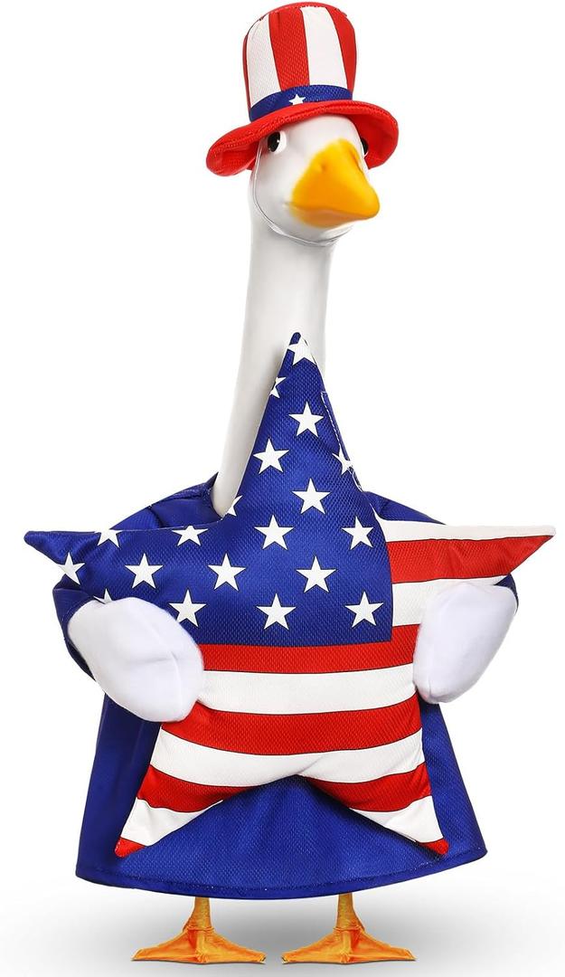 4th of July Proch Goose Outfit Patriotic Stars Pillow Design with Top Hat for 23" Lawn Cement Goose Independence Day Garden Patio Yard Outdoor Decorations