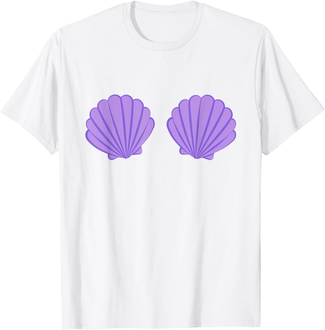 Mermaid Purple Seashell Bra Cartoon Graphic T-Shirt, L, White