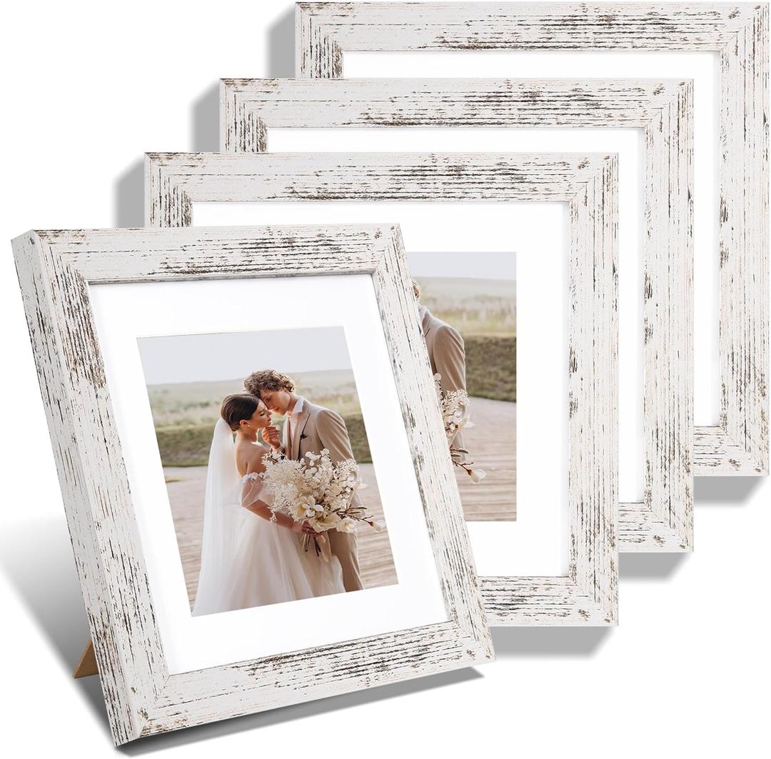 8x8 Picture Frames Set of 4, Made of Glass and Distressed White Wooden Frame - Display Picture 6x6 with Mat or 8 x 8 Without Mat, 8 by 8 Photo for Wall or Tabletop