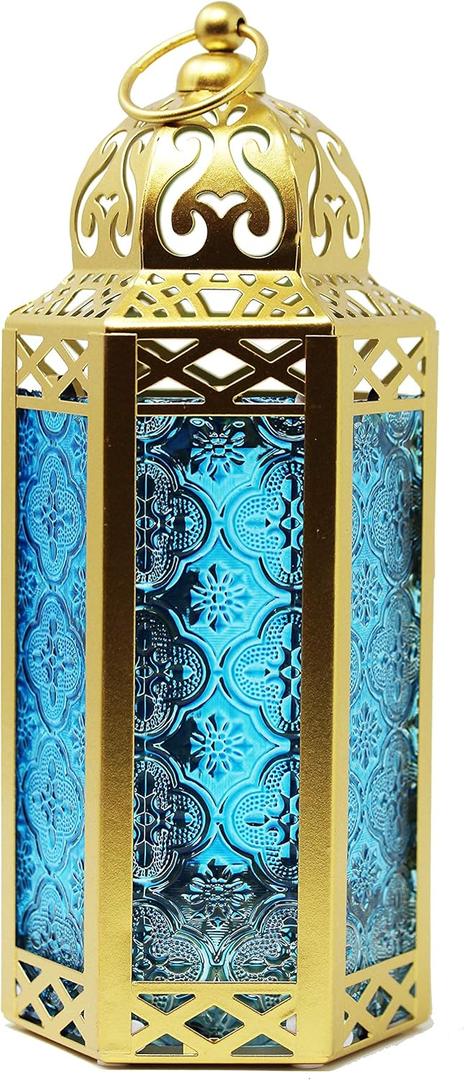 VELA LANTERNS 10.5" Gold Moroccan Candle Lantern Decorative Candle Holder Lamp for Table or Hanging, Ramadan Decorations, Indoor Home Decor, Outdoor Patio or Porch, Weddings, Blue Glass, Medium