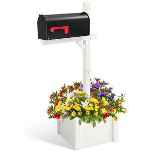 Colingmill 55'' Wooden Mailbox Post with Planter Box and Black Mail Box, White Decorative Outside Mailbox Post for Yard, Garden, Curbside
