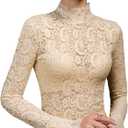 METWAY Lace Top for Women Long Sleeve Lace Shirt Sheer Turtleneck See Through Floral Mesh Undershirt Going Out Blouse, size: Medium