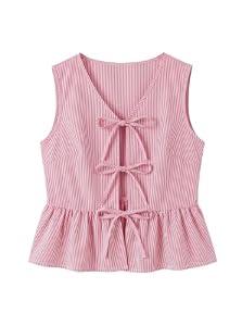 Avanova Women Tie Front Tank Tops Striped Peplum Blouse Red Small