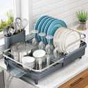 SNTD Dish Drying Rack, Expandable Dish Rack for Kitchen Counter, Stainless Steel Dish Drainer with Drainboard Set and Utensil Holder (Gray)