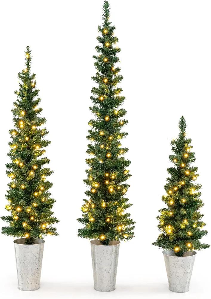 Goplus 3' 4' 5' Pre-Lit Artificial Christmas Tree Set of 3, Slim Pencil Potted Xmas Tree Battery Operated, Metal Bucket, Office Home Decor