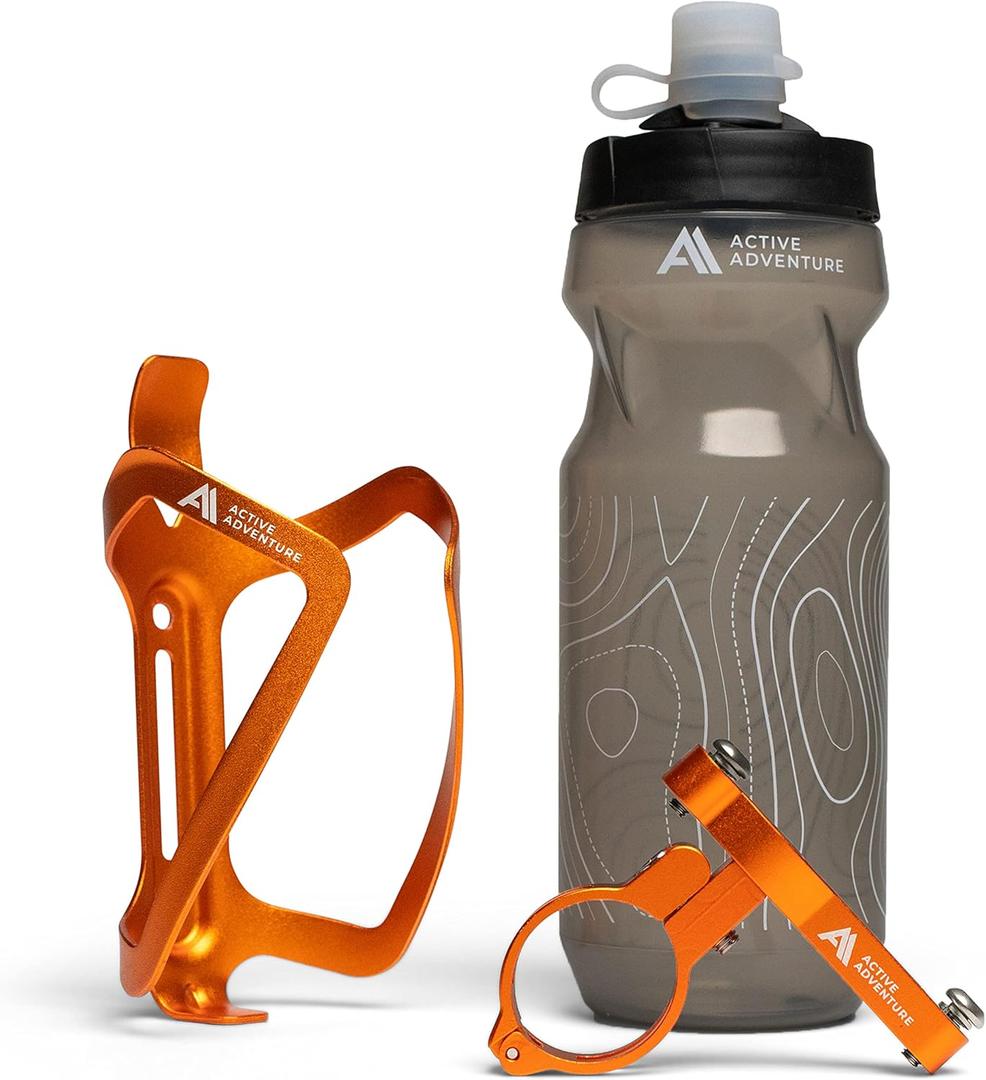 Bike Water Bottle Holder Combo - 20 Oz Squeeze Bottle & Bicycle Mount Cage Rack, No Screws Needed, Durable Alloy - Fits All Handlebar Bikes & MTB Mountain Road - for Adults, Kids (Orange)