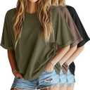 3 Pack Women's Oversized T-Shirt Half Sleeve Summer Tees Casual Loose Fit Crew Neck Basic Tops, Black, Brown, Grey, M