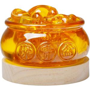 4" Crystal Glass Golden Treasure Basin with 77Pcs Ingots Yuan Bao with LED Wooden Base, Lucky Wealth Prosperity Figurine Collectibles Feng Shui Decor for Home Office