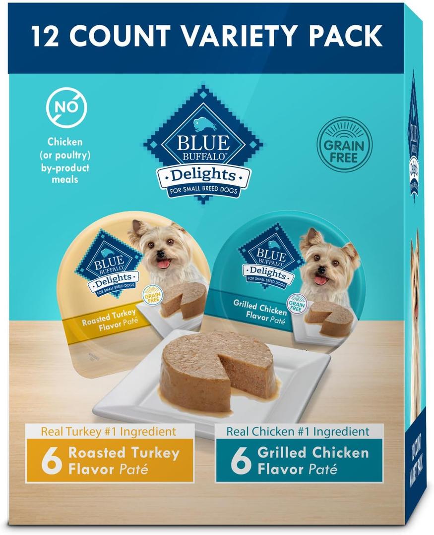 Blue Buffalo Delights Small Breed Natural Wet Dog Food Variety Pack, Roasted Turkey Pat and Grilled Chicken Pat, 3.5-oz Cups, 12 Count (EXP 05/22/27)