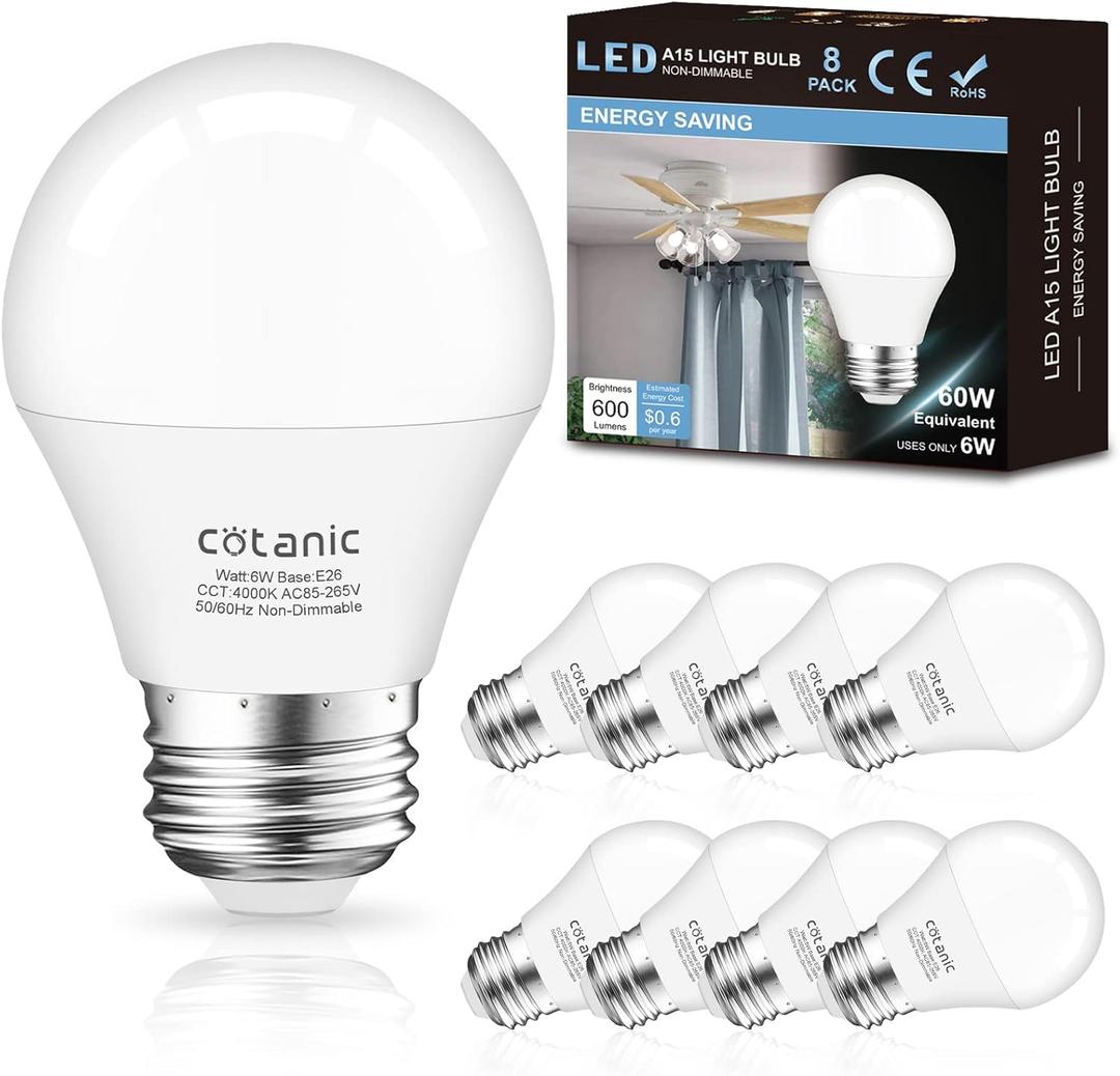 Cotanic 8 Pack A15 LED Ceiling Fan Light Bulbs 4000K Natural Daylight, 6W Small Light Bulb for Chandelier 60W Equivalent, E26 Standrad Base, 600lm, CRI 80+, Non-Dimmable