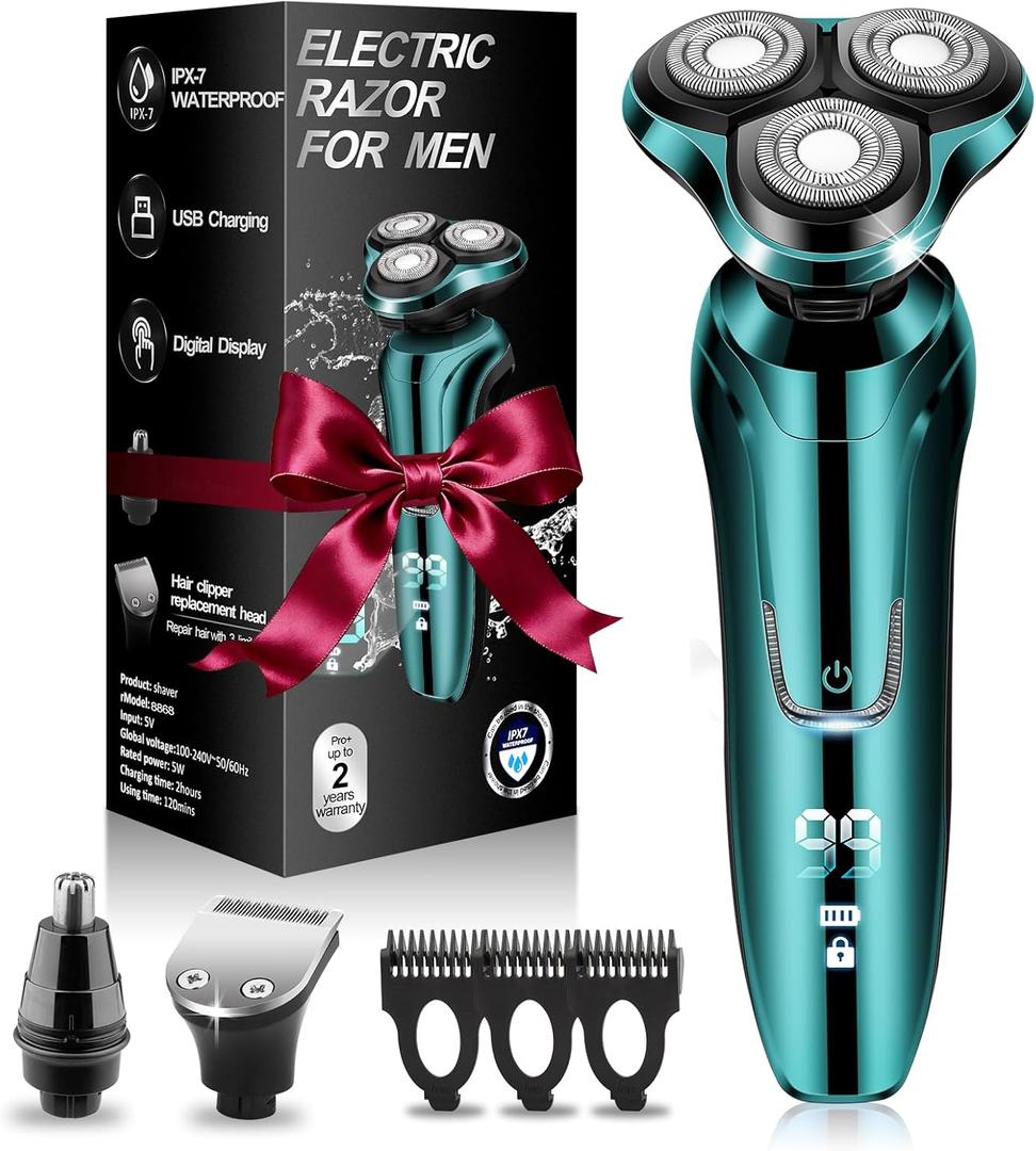 Electric Razor for Men, Men's Rotary Shavers, Waterproof, LED Display Cordless with Electric Shaver for Men's Faces with a Cordless and Floating Head,Portable Travel Razor