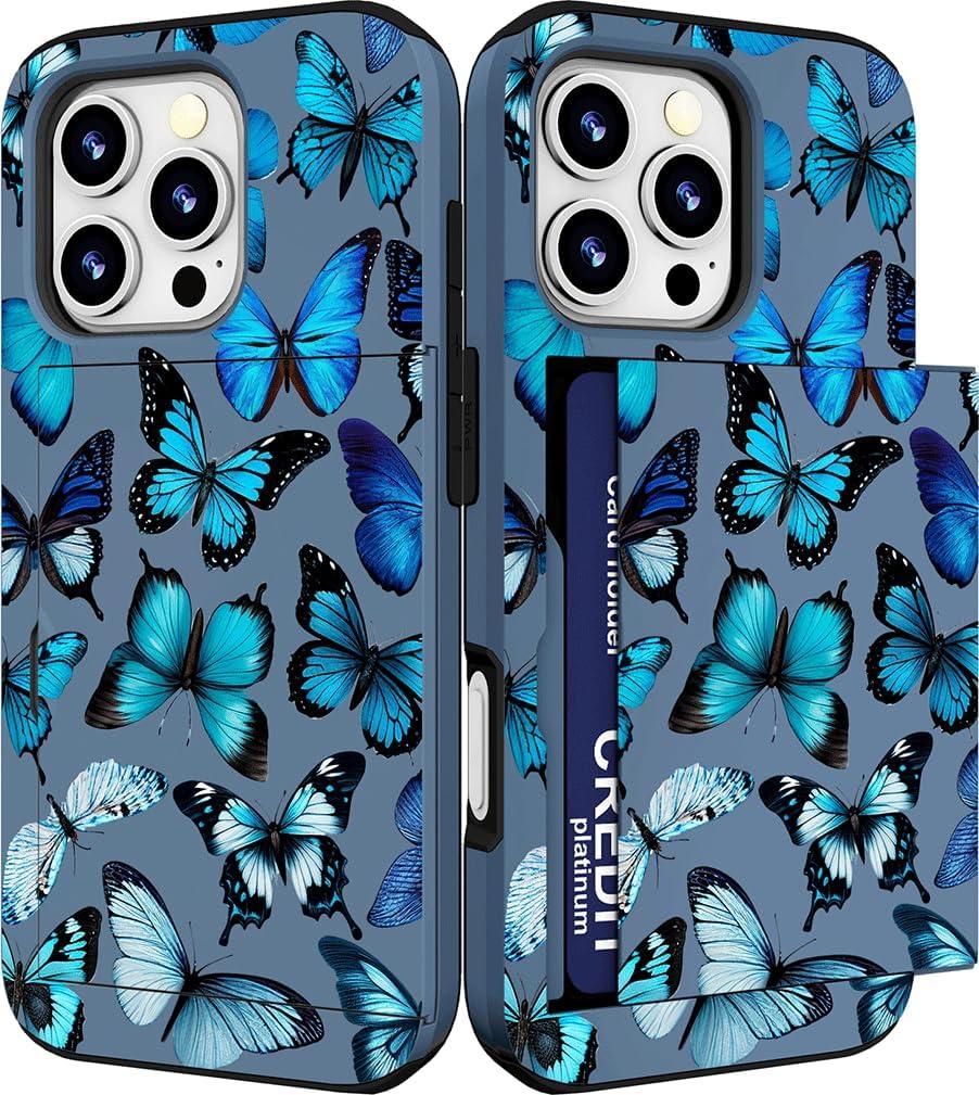 Compatible with iPhone 16 Pro Case with Card Holder Cute Shockproof Drop Protection Phone Wallet Slot Cover Cases for Women - Blue Butterflies Bright Animals